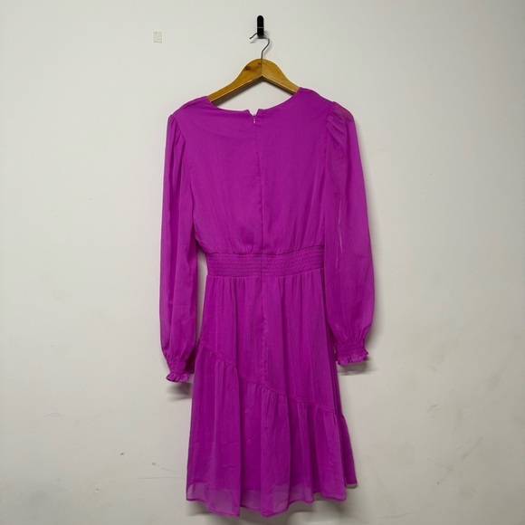 DKNY Chiffon Smocked Ruffle-Hem Dress V Neck Fit and Flare Long Sleeve Pink 14 - Picture 3 of 4